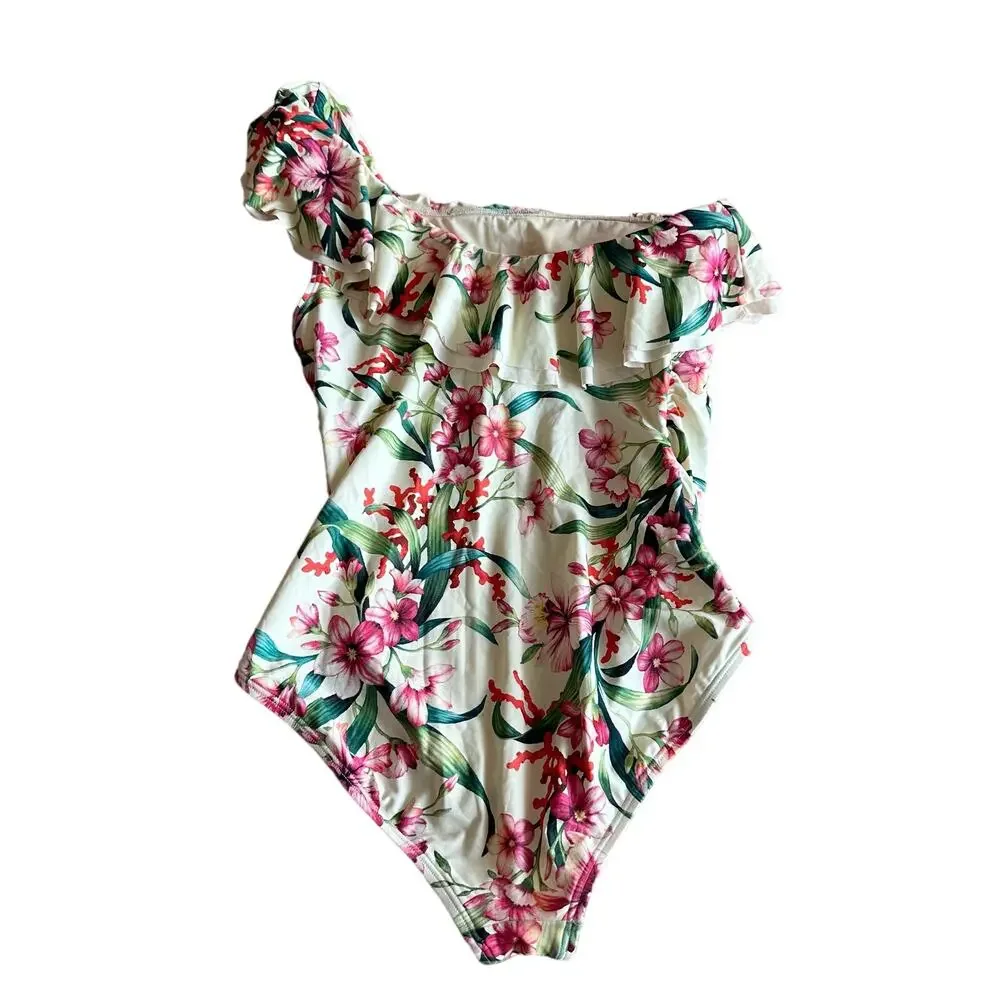 Carmen Marc Valvo | Size 14 One Shoulder Floral Print Ruffle One Piece Swimsuit